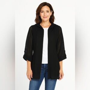MISOOK Mesh Perforated Zip Up Hooded Jacket XS Black 3/4 Sleeve tab acrylic knit
